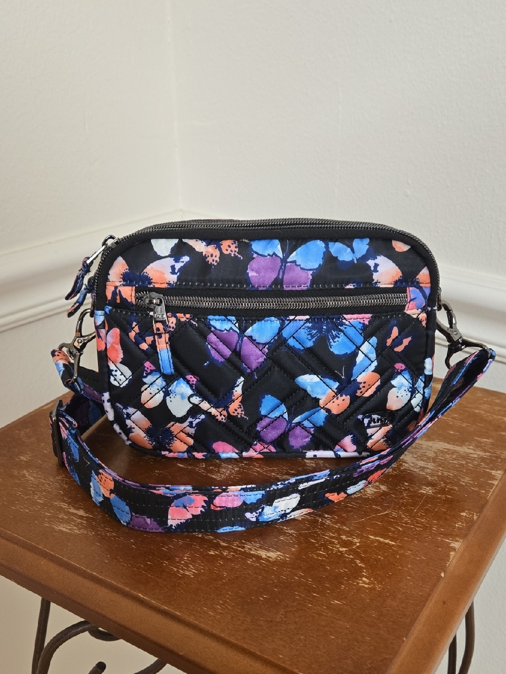 lug Quilted Black Crossbody with Blue, Purple & Coral Floral Print